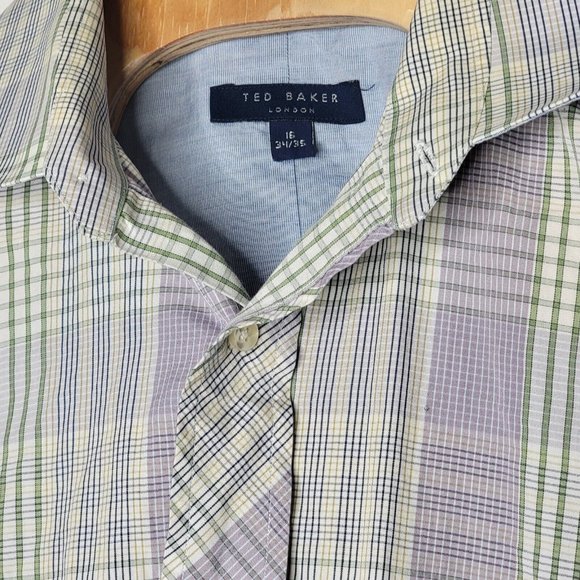 Ted Baker Green‎ / Purple Plaid Size 16 Men's 34 / 35 Long Sleeve Button Shirt - Picture 5 of 5